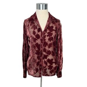 Vintage Express Fall Leaves Rayon Silk Velvet Button Down Top size Small